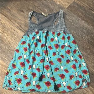 EUC Roper Gray and Blue Tank Top with Red Floral Design